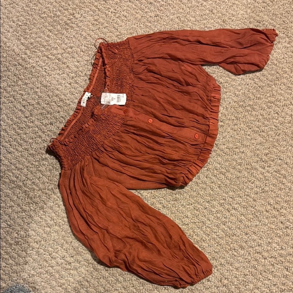 HYFVE Orange Smocked Ruched 3/4 Sleeve Blouse